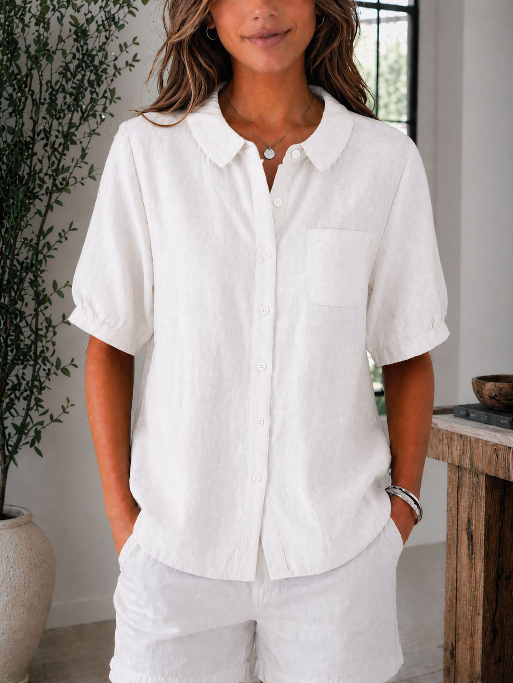 Womens Solid-color Loose-fit Casual Work Top by Ricaloux