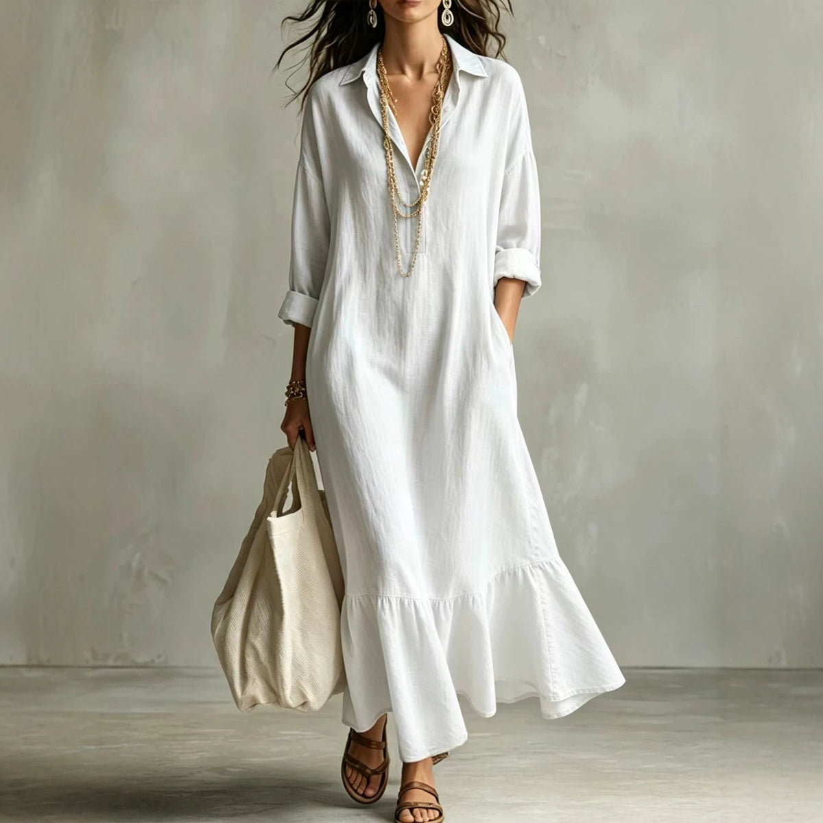Turn-down Collar Fishtail Casual Loose-fit Figure-flattering Shirt Dress by Ricaloux