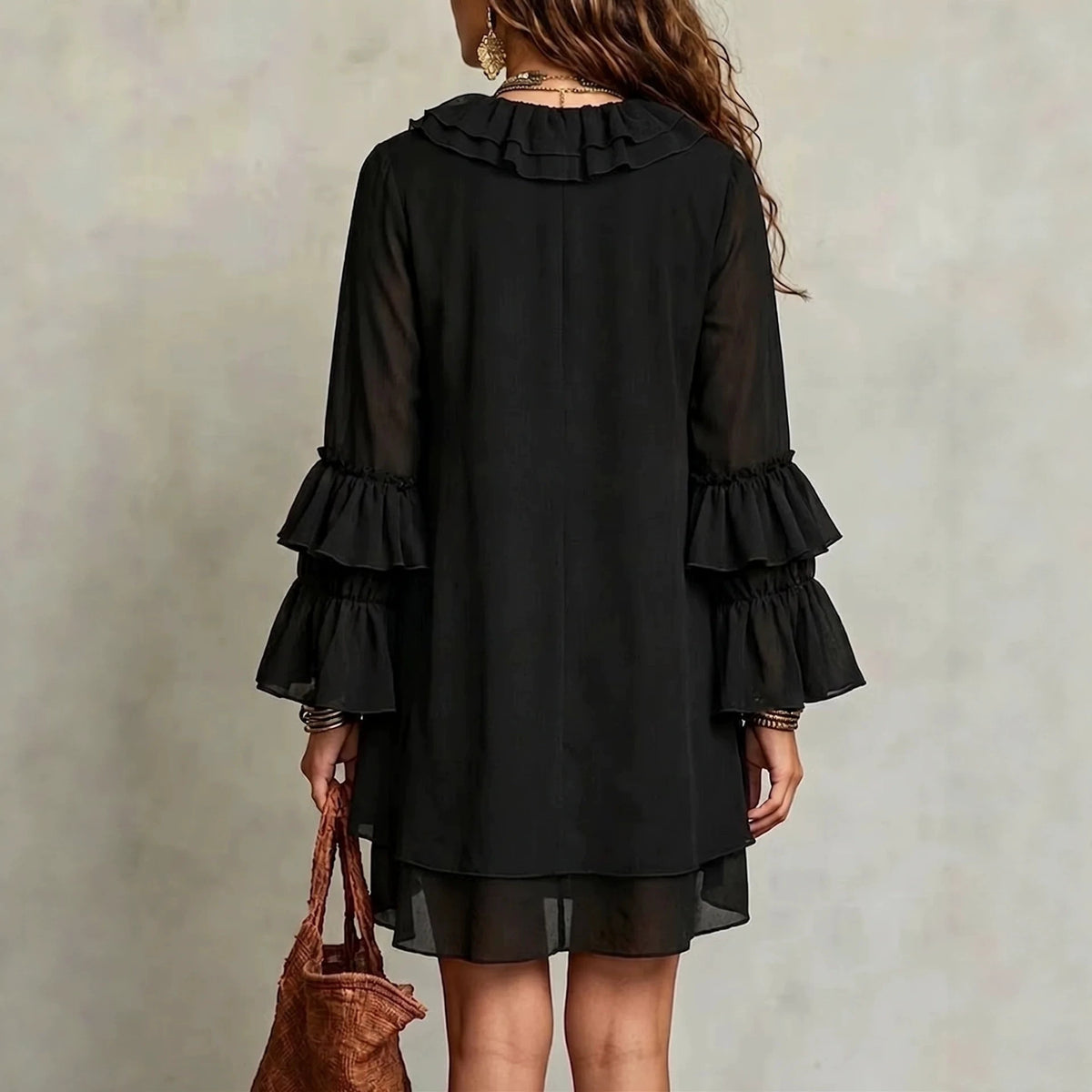 V-neck Ruffled Flared-sleeve Chiffon Dress – Premium 0 | RICALOUX