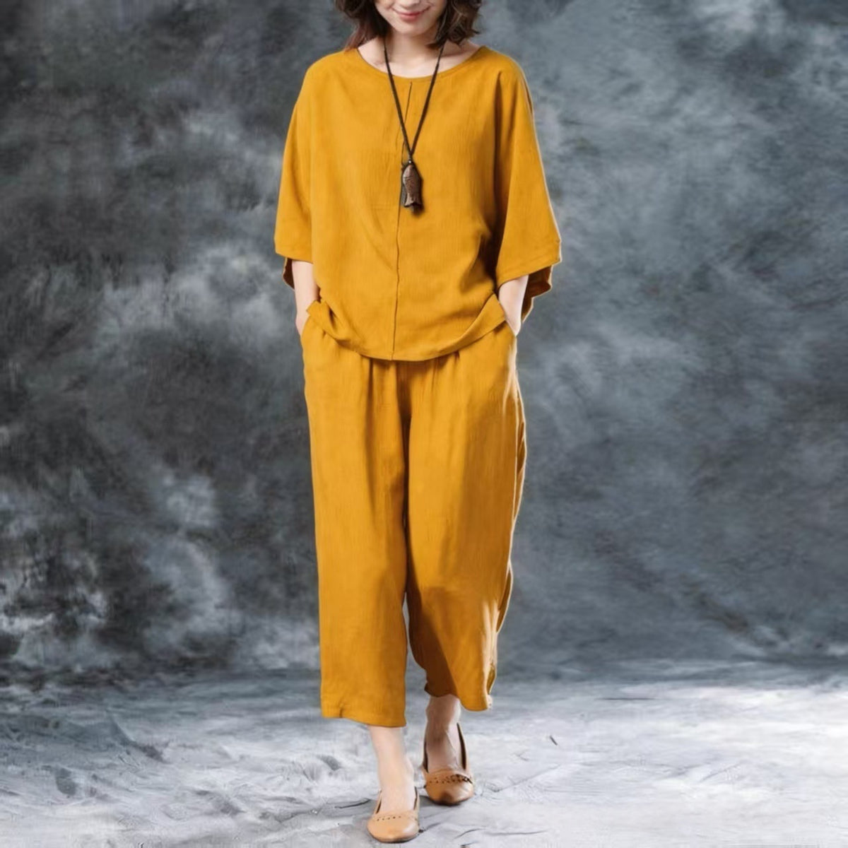 Womens Solid-Color Casual Wide-Leg Pants Set by Ricaloux