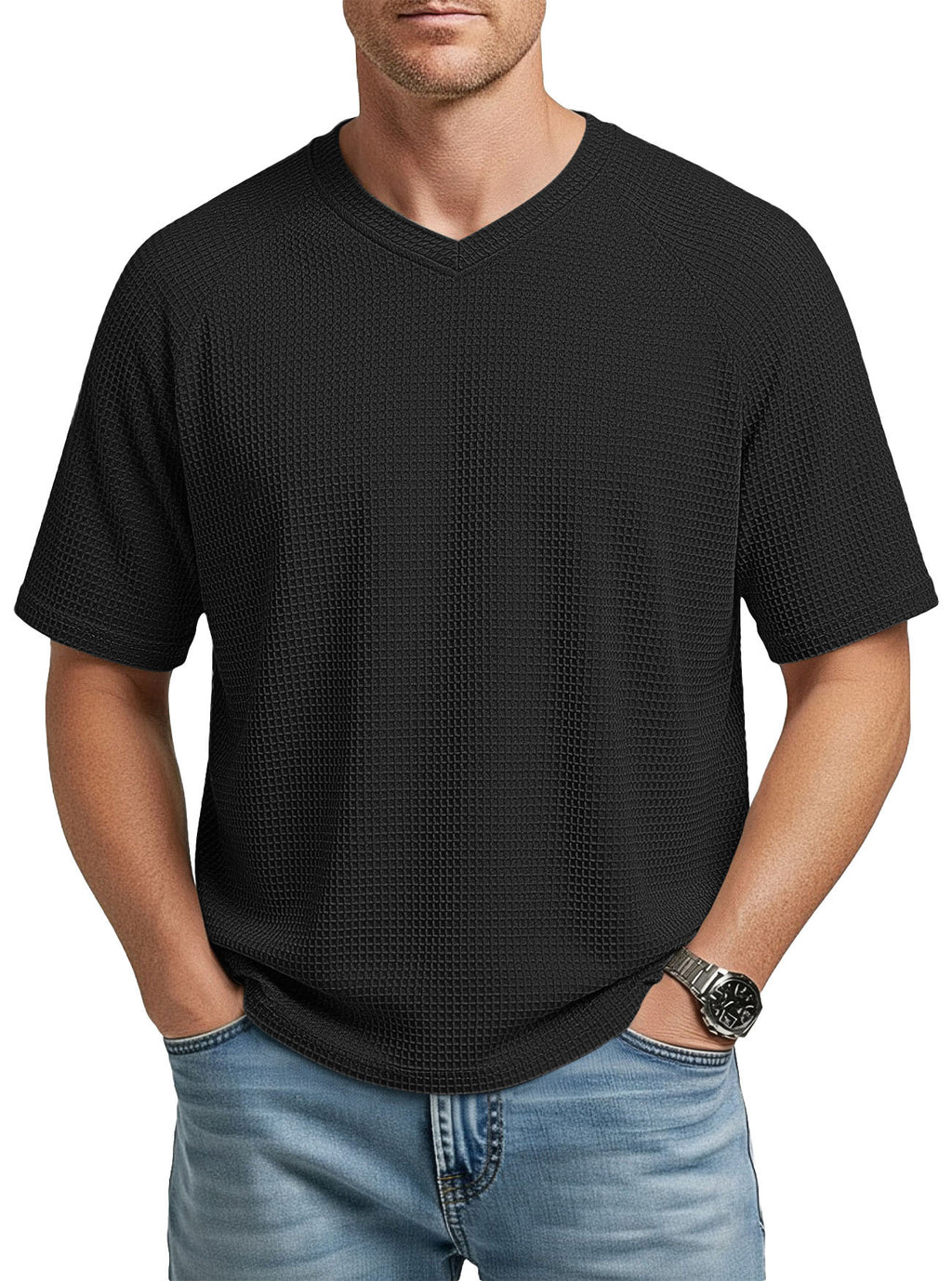 Mens V-neck Raglan Waffle-Knit Short-Sleeve Knit T-Shirt – Premium 0 | RICALOUX