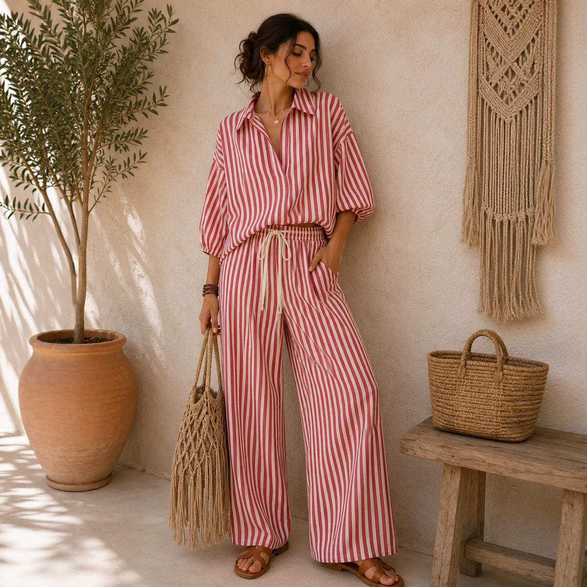 Fashionable Striped Lapel Shirt And Pants Womens Set by Ricaloux