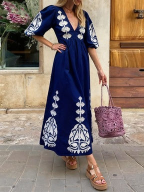 Womens Loose-fitting Casual Dress With Puff Sleeves And A Back-cutout Design by Ricaloux