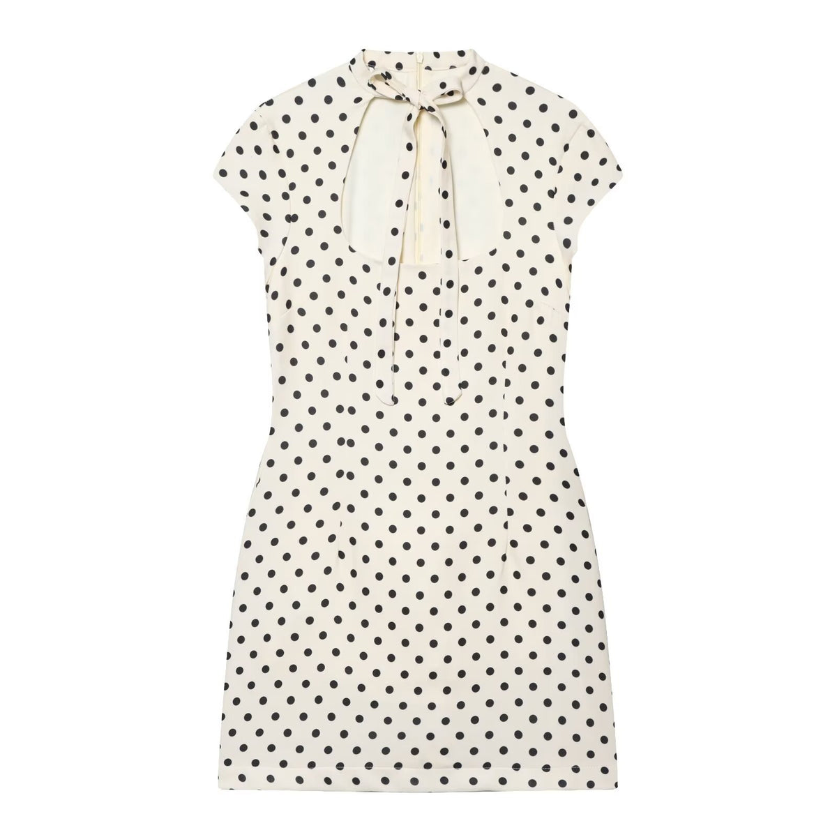 Hepburn-style Square-neck Short-sleeve Polka-dot Short Dress With A Bow Detail by Ricaloux