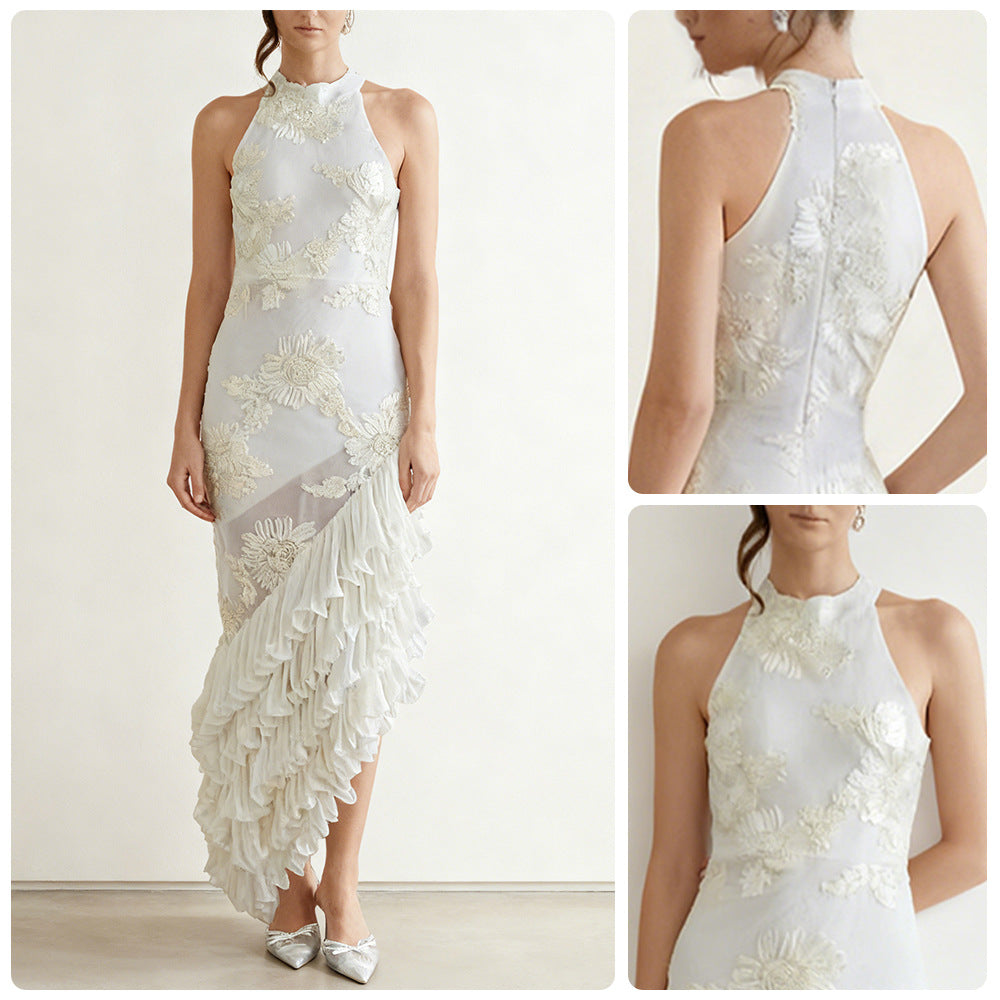 Sleeveless Off-shoulder Dress With Three-dimensional Embroidery And Ruffled Hem by Ricaloux