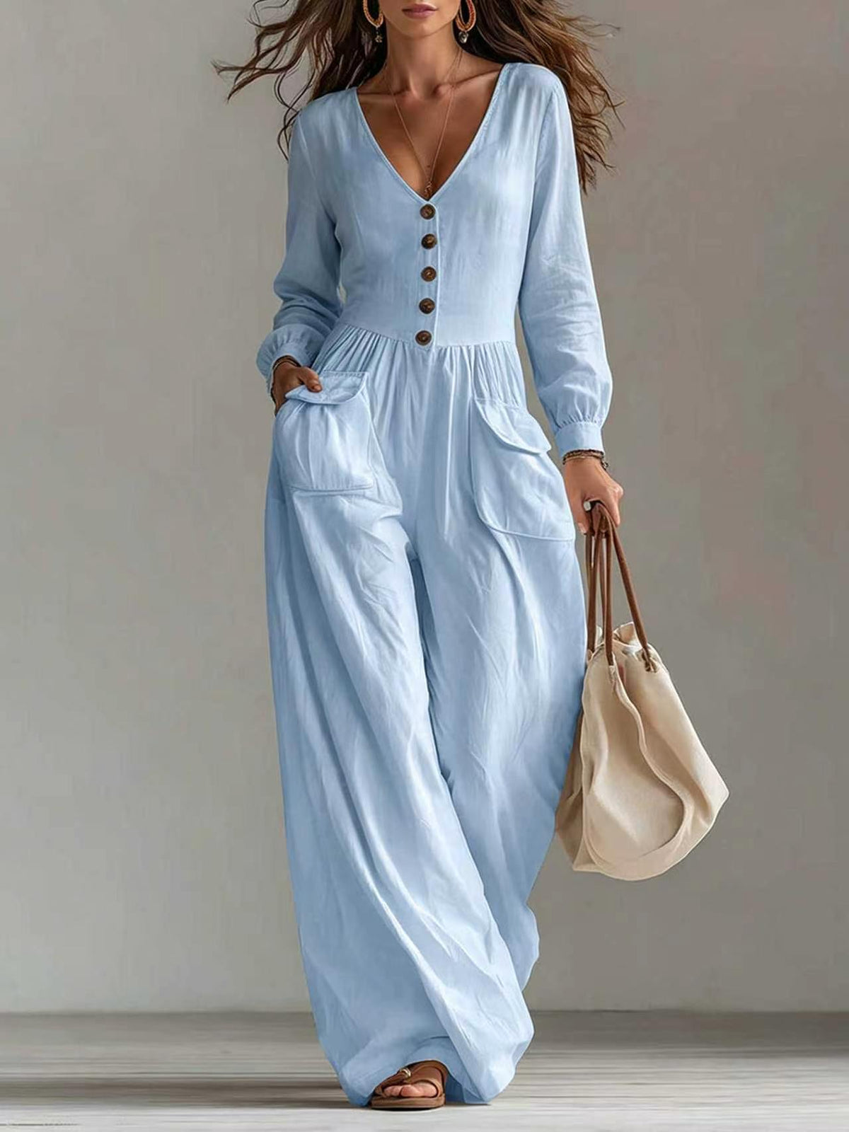 New Autumnwinter Casual Chic Womens V-neck Long-sleeve Jumpsuit With Pockets – Premium 0 | RICALOUX