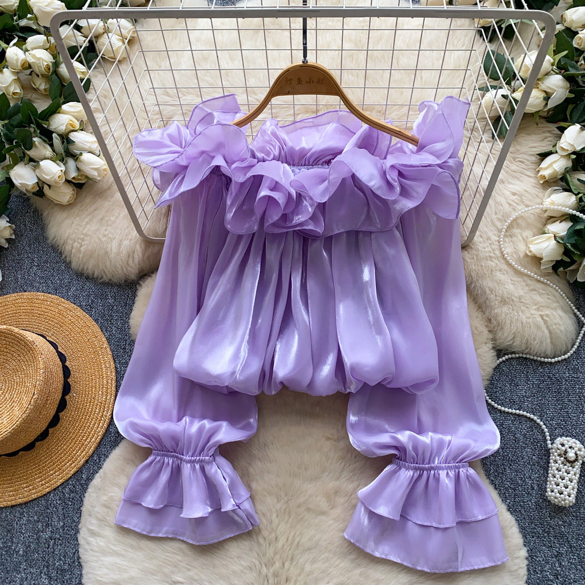 Off-the-shoulder Chiffon Blouse With Ruffled Trim Elegant Style by Ricaloux