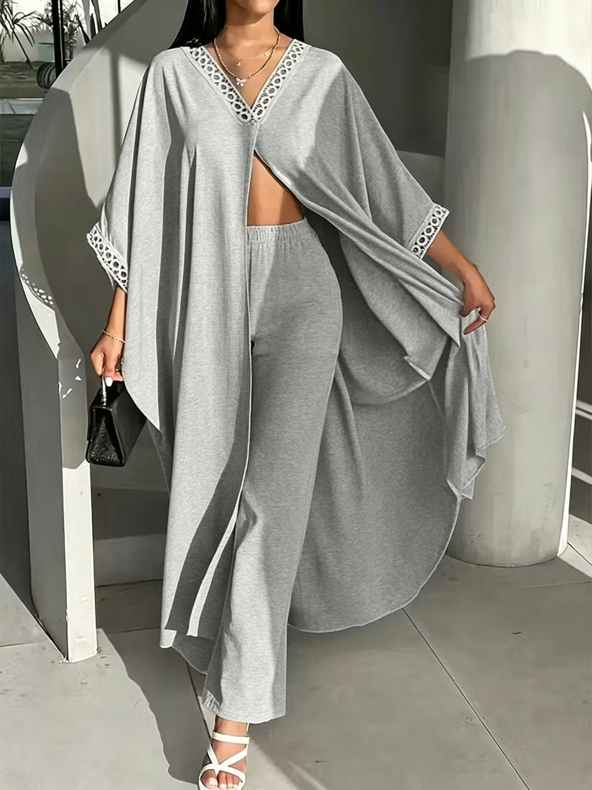 Womens Loose-Fit Batwing-Sleeve Lace V-Neck Coat And Pants Set by Ricaloux