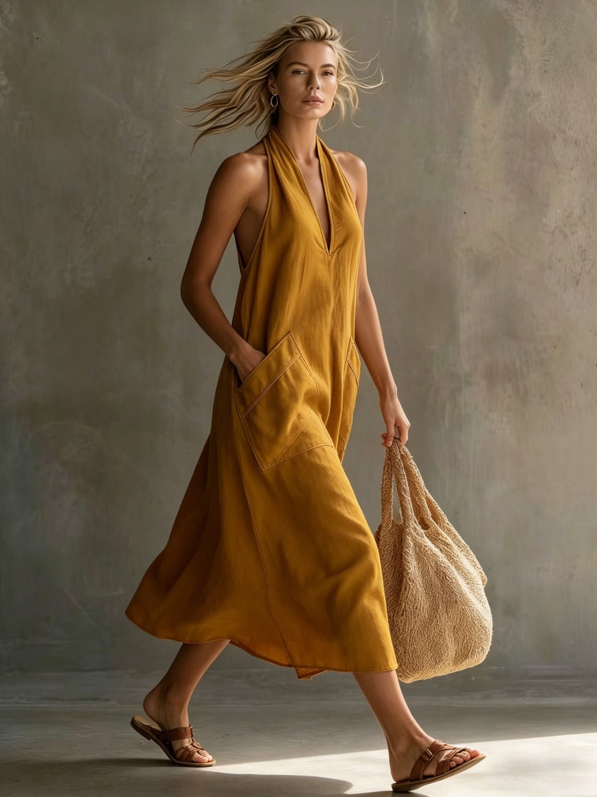 Summer Halter V-Neck Backless Maxi Dress With Large Pockets - Cotton Linen Loose Vacation Dress, Multiple Colors Available For Women – Premium 4 | RICALOUX