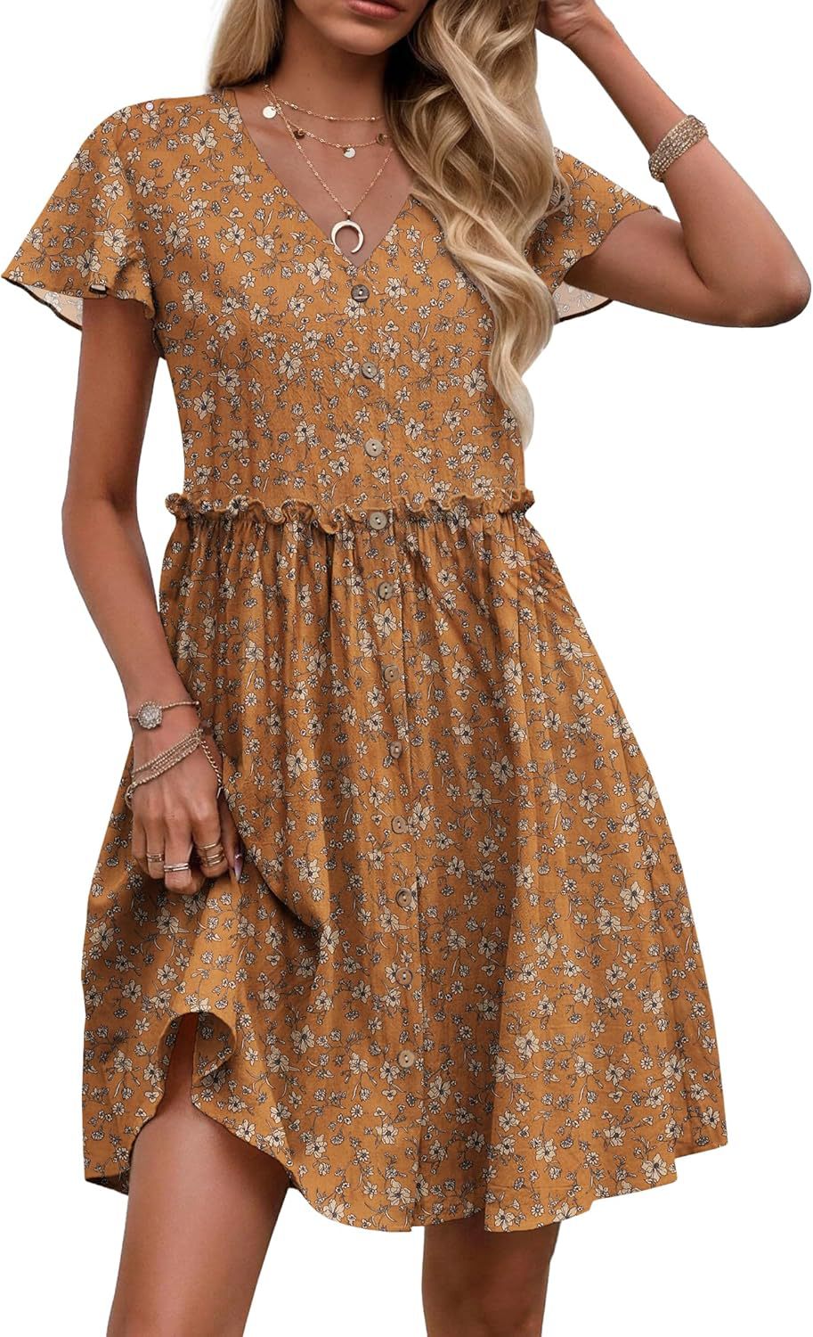Bohemian-style Vacation V-neck Short-sleeve Ruffled Womens Dress by Ricaloux