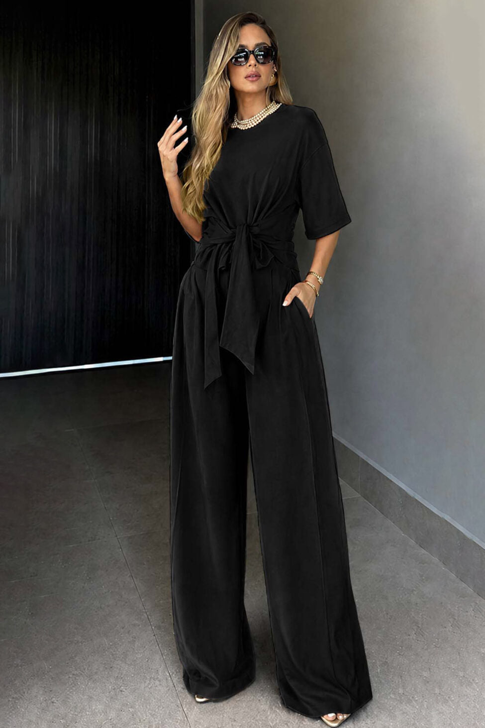 Round-neck Short-sleeve Top And Loose Wide-leg Pants Set – Premium 0 | RICALOUX