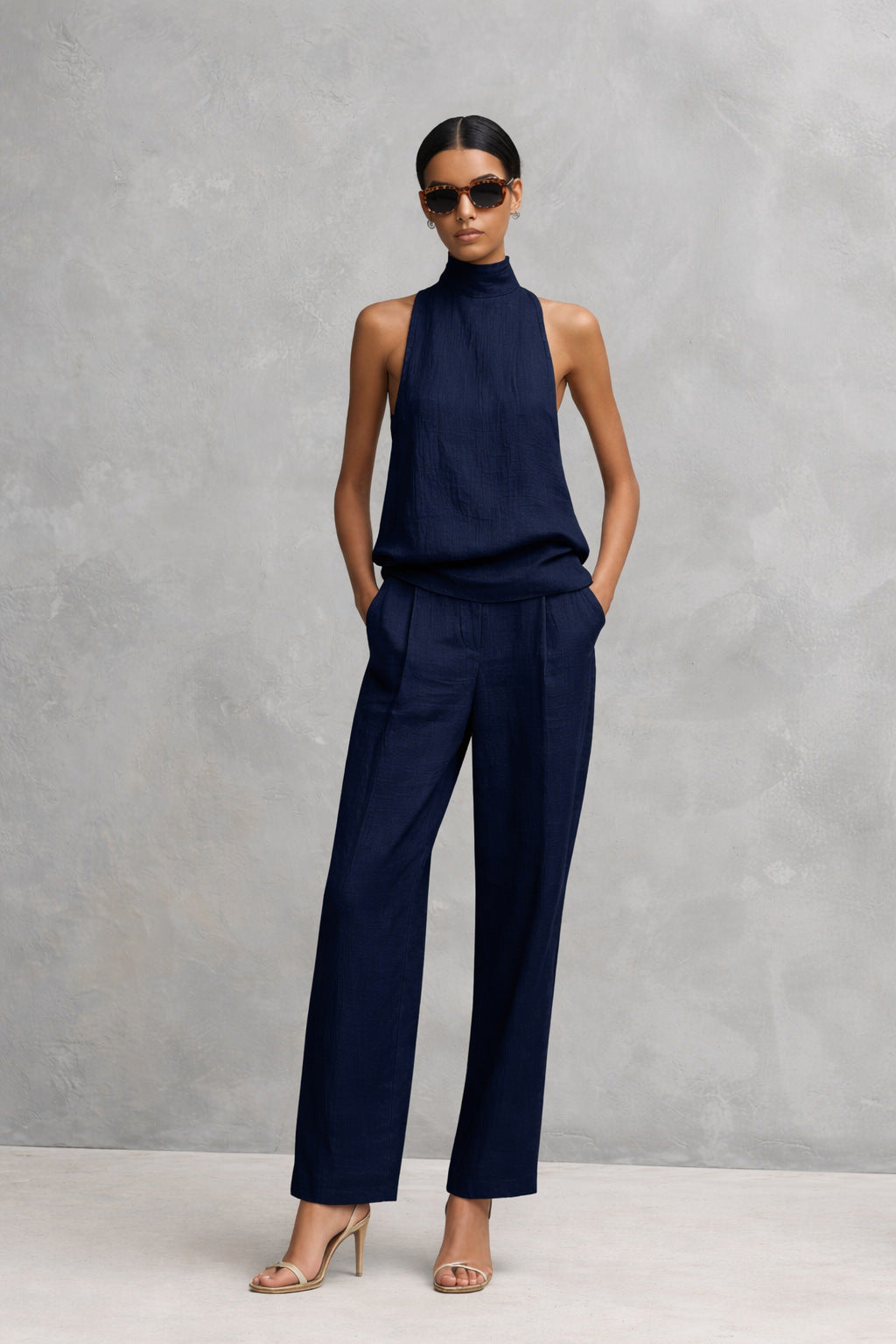 Sleeveless Turtleneck Top And Wide-leg Pants Set by Ricaloux