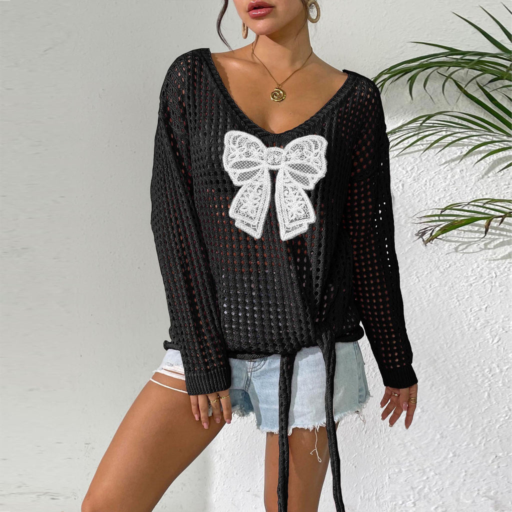 Women Loose Lazy Style Hollow Knit Pullover Top, Long Sleeve Butterfly Patchwork Tie Detail Sheer Cover Up Sweater – Premium 4 | RICALOUX