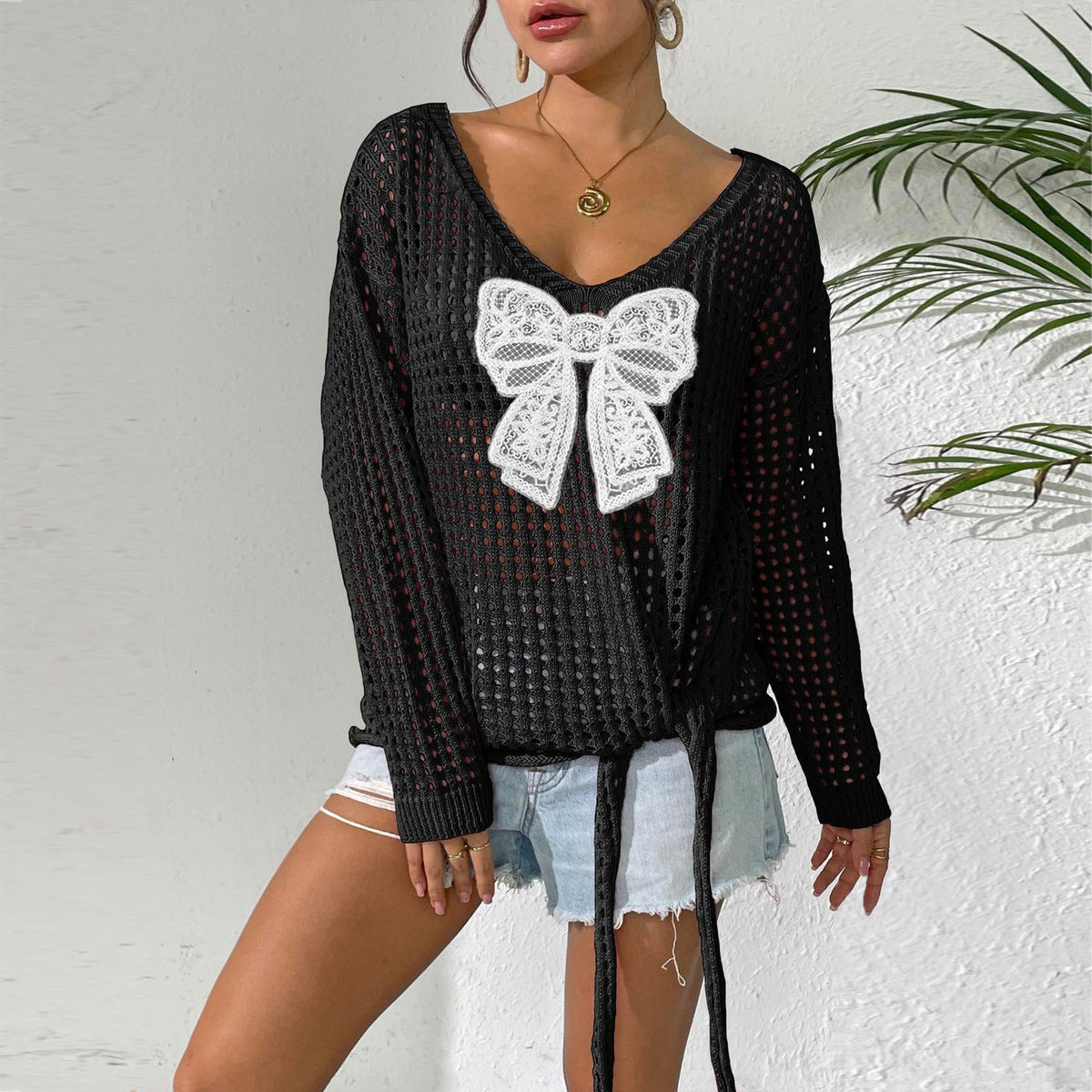 Women Loose Lazy Style Hollow Knit Pullover Top, Long Sleeve Butterfly Patchwork Tie Detail Sheer Cover Up Sweater – Premium 4 | RICALOUX