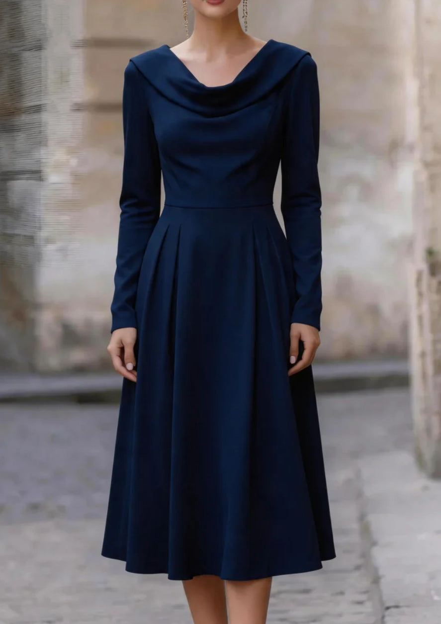 Elegant Boat-neck Satin Long-sleeve Waist-cinched Midi Evening Gown – Premium 0 | RICALOUX