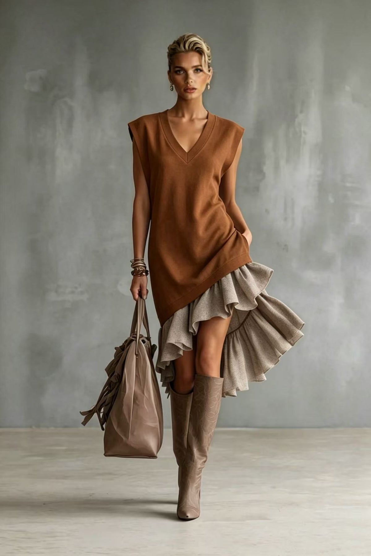 Solid-color Casual European-American Style Flounced Midi Skirt by Ricaloux