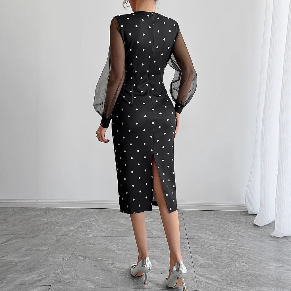 Round-neck Polka-dot Dress With Mesh Sleeves – Premium 0 | RICALOUX