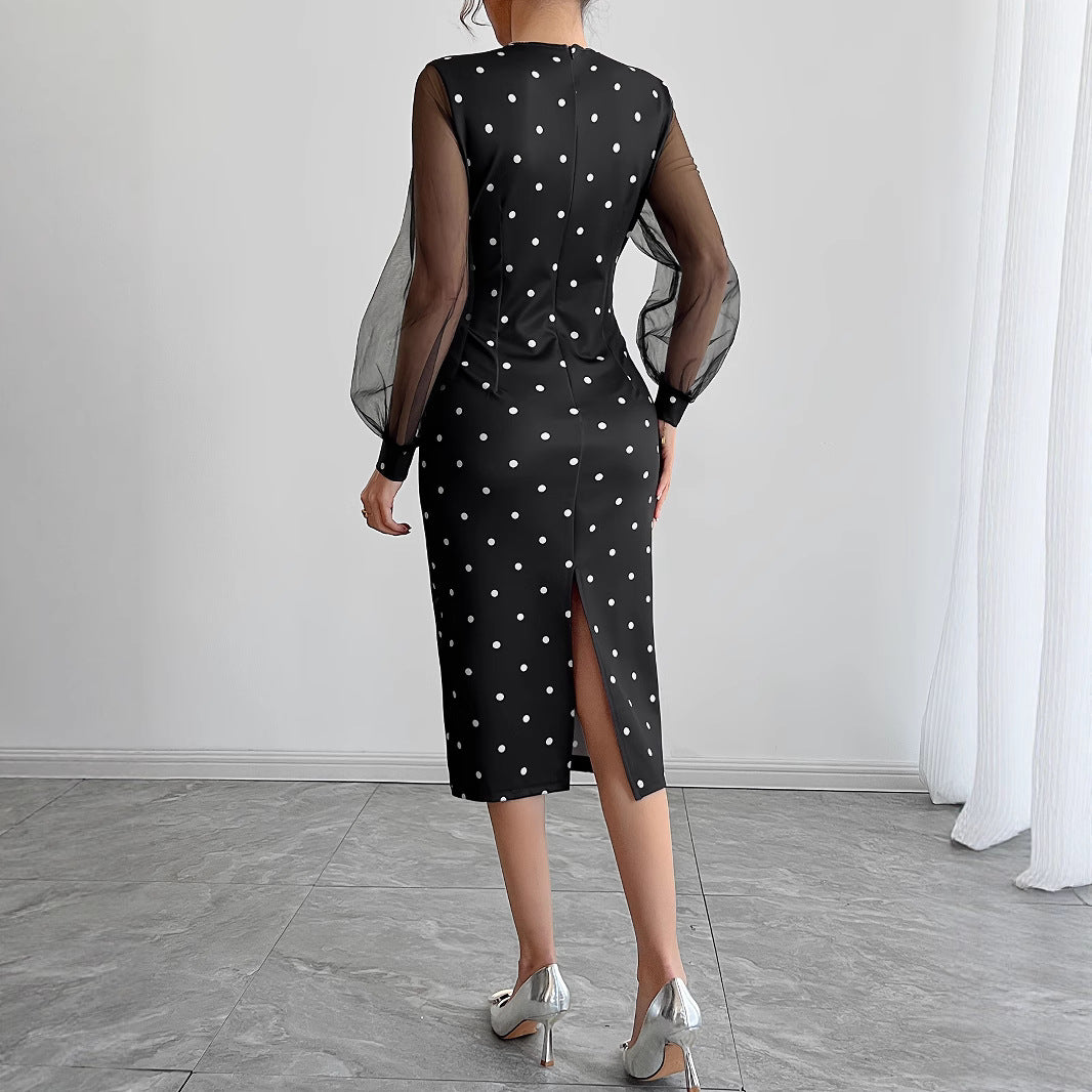 Round-neck Polka-dot Dress With Mesh Sleeves – Premium 0 | RICALOUX