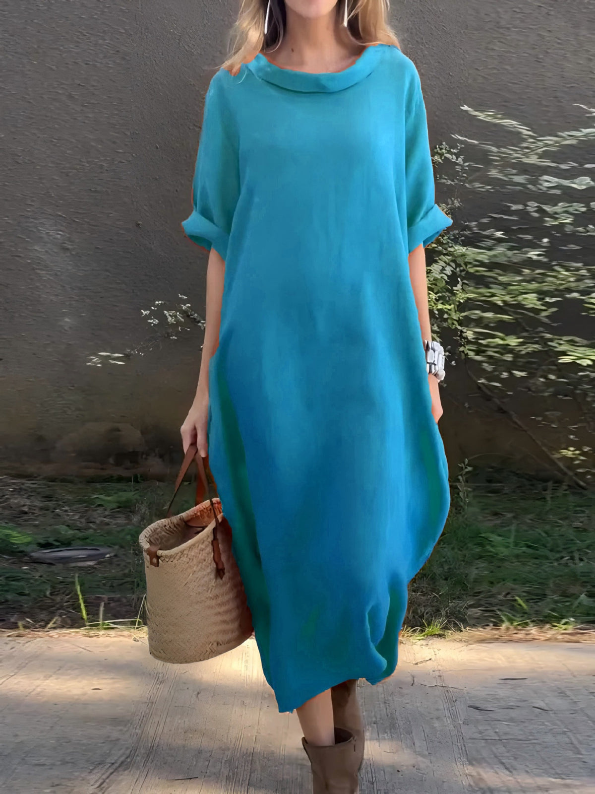 Casual Loose-fitting Round-neck Mid-sleeve Maxi Dress With A Flared Hem by Ricaloux
