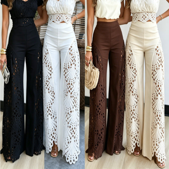 Womens Versatile Lace Hollow-out Patchwork High-waisted Solid-color Wide-leg Pants by Ricaloux