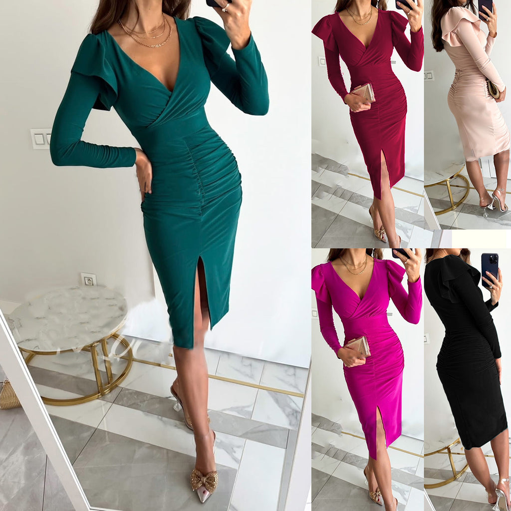 Womens Fashion V-Neck Defined Waistline Slit Long-Sleeve Dress by Ricaloux