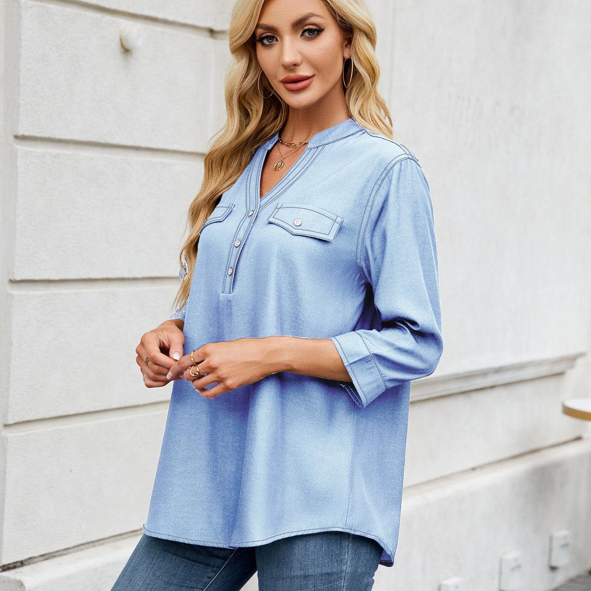Casual Loose-fit Faux Denim Long Shirt by Ricaloux