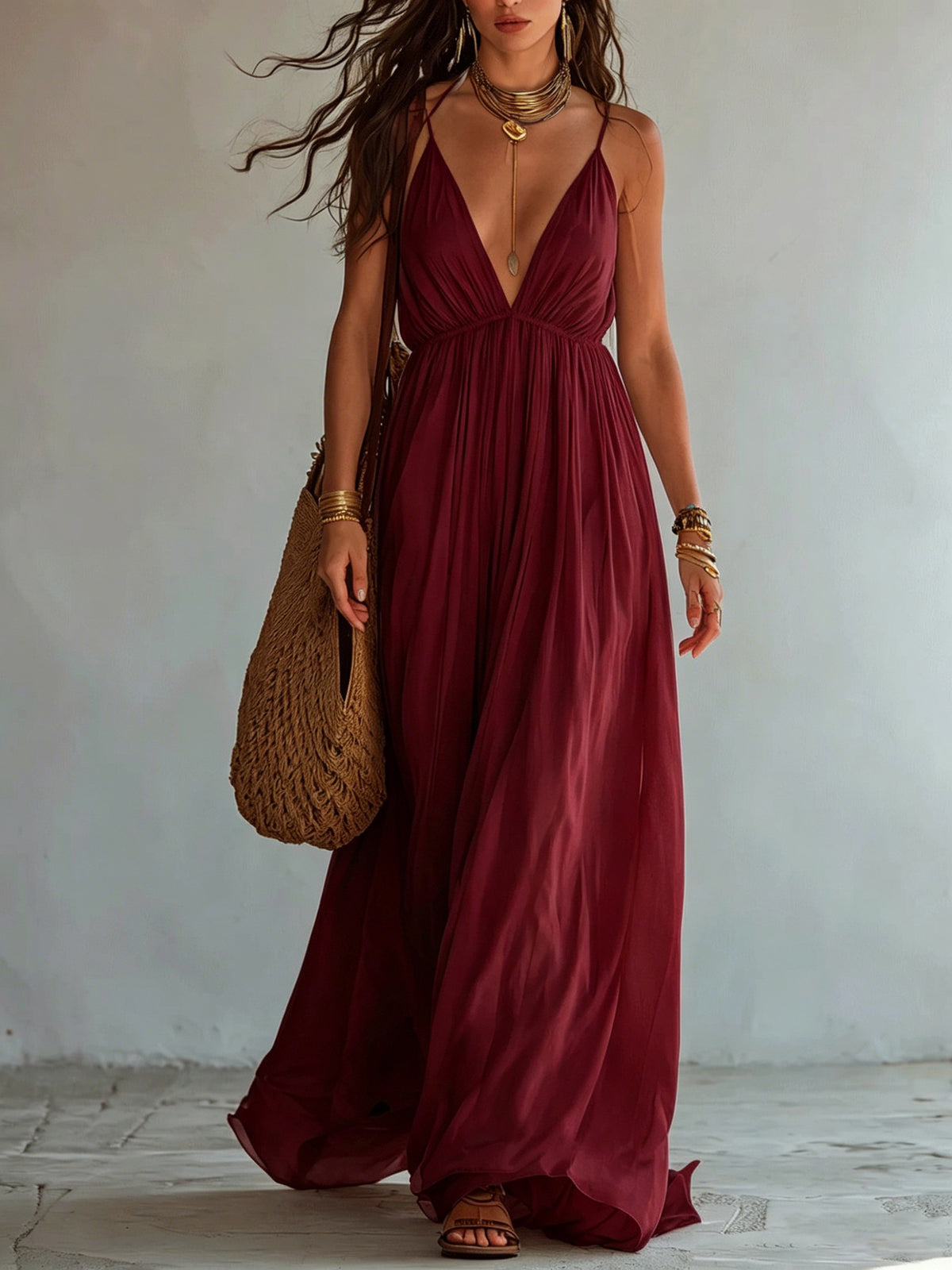 Deep V-neck Halter Backless Dress For Women by Ricaloux