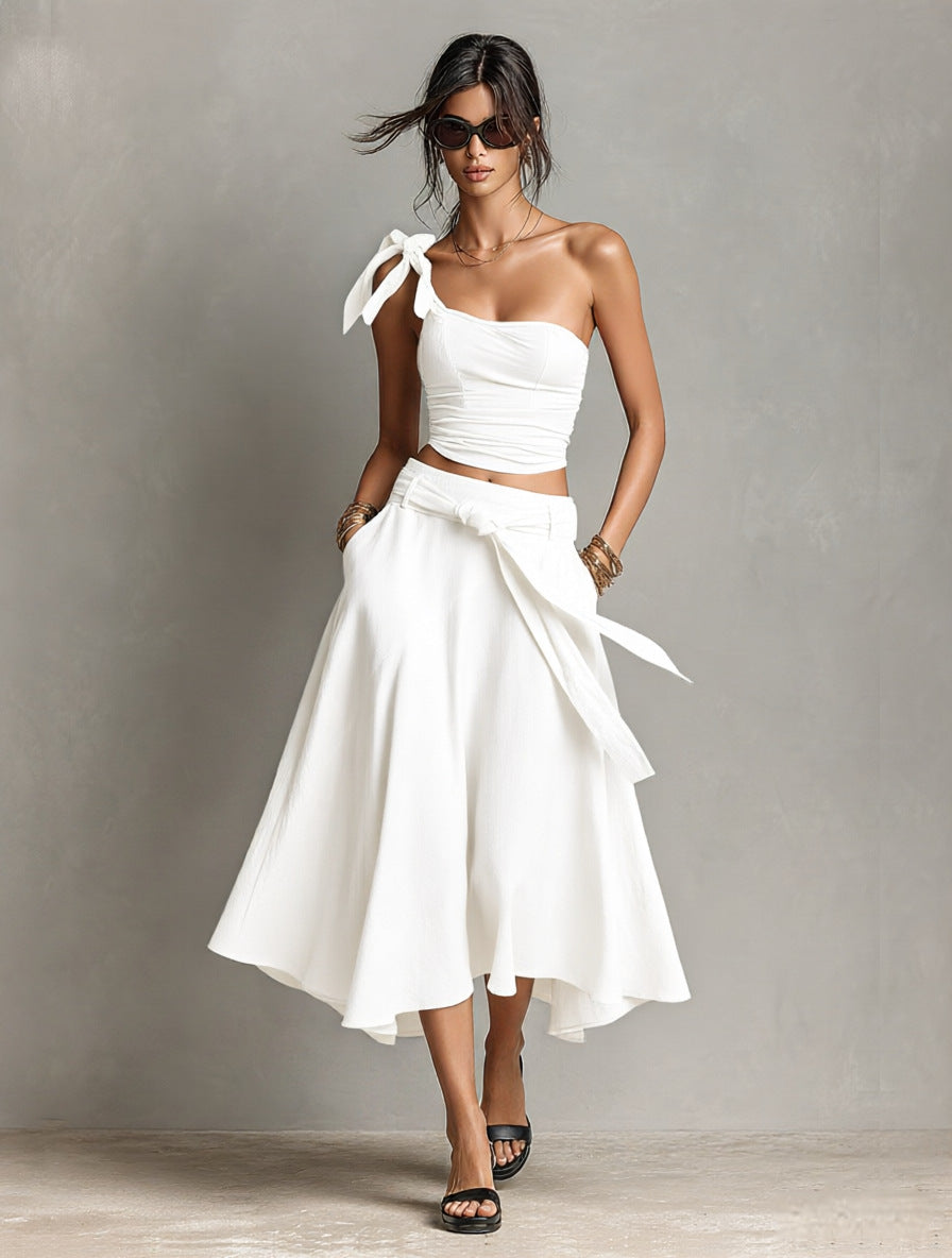 Off-Shoulder Strap Top With Slanted Shoulders High-Waisted A-Line Long Skirt Womens Set – Premium 0 | RICALOUX