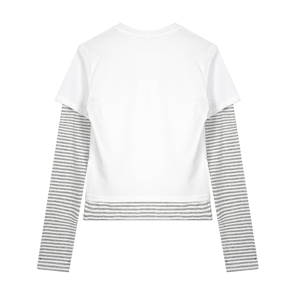 Fake Two-piece Striped Patchwork Long-sleeve T-shirt by Ricaloux