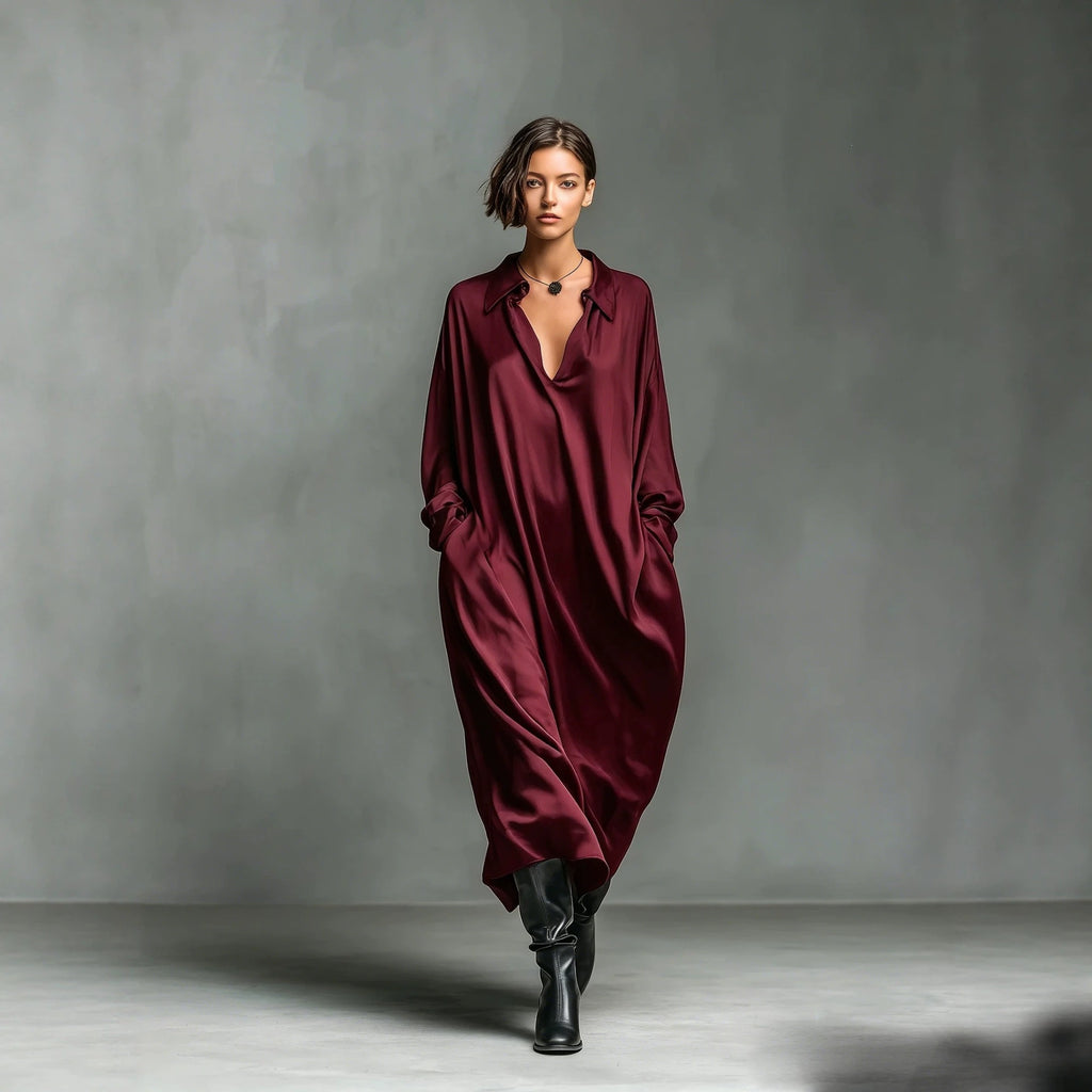 Solid-color Satin Long-sleeve Shirt Dress by Ricaloux