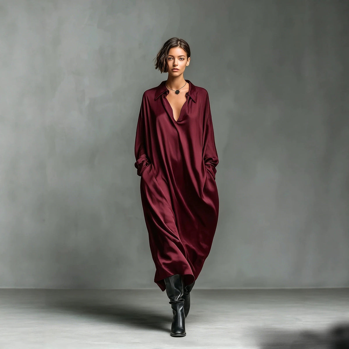 Solid-color Satin Long-sleeve Shirt Dress by Ricaloux