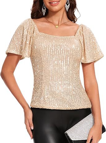 Womens Fashionable Square-neck Short-sleeve Sequin Puffed Sleeves – Premium 0 | RICALOUX
