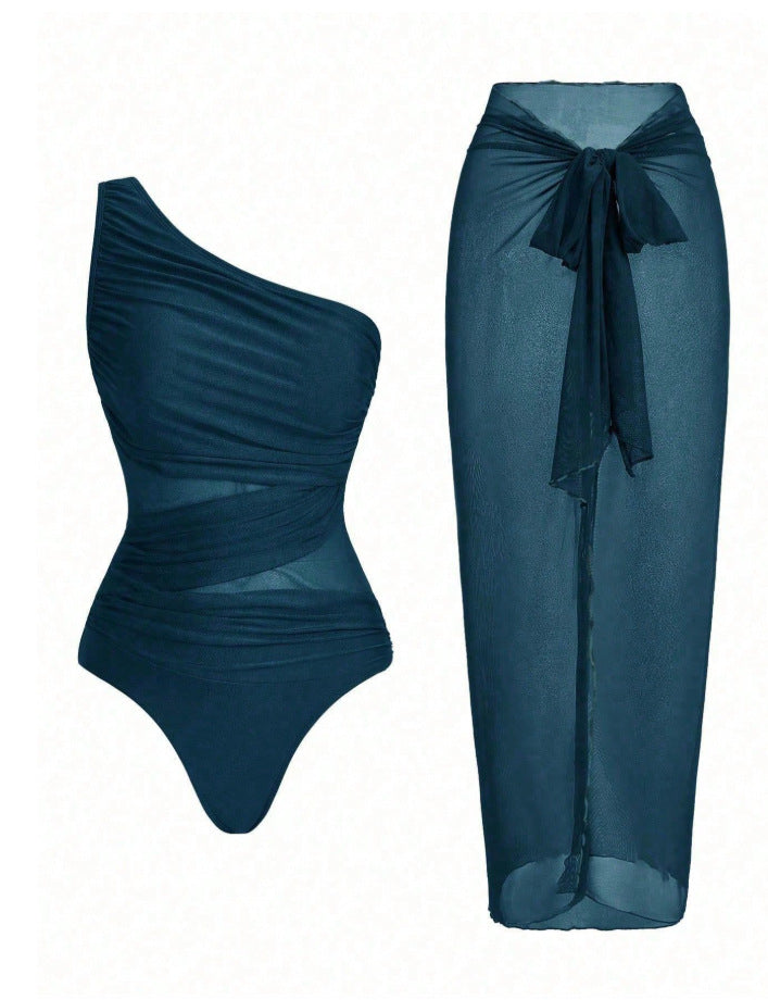 Mesh One-piece Swimsuit For Women European And American Style Tummy Covering And Figureflattering With A Wrap Skirt – Premium 0 | RICALOUX