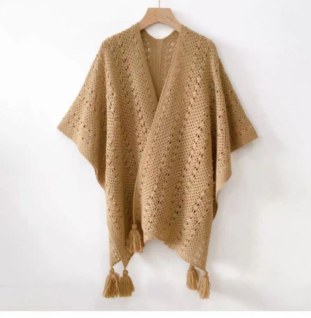 Womens Knitted Tassel-Trimmed Open-Front Cape For Photos – Premium 0 | RICALOUX