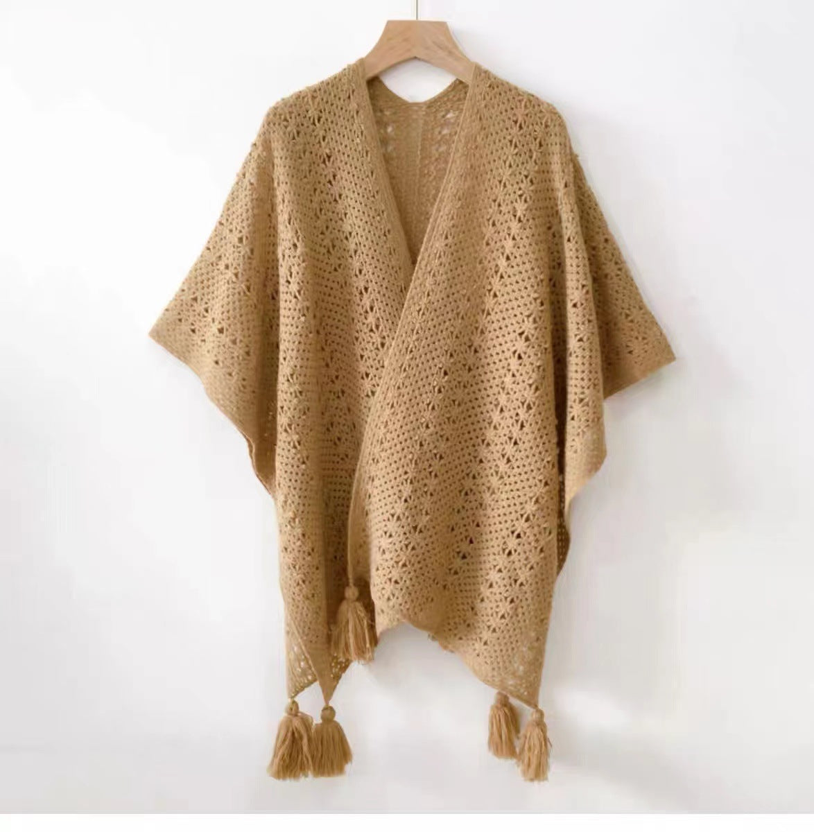Womens Knitted Tassel-Trimmed Open-Front Cape For Photos – Premium 0 | RICALOUX