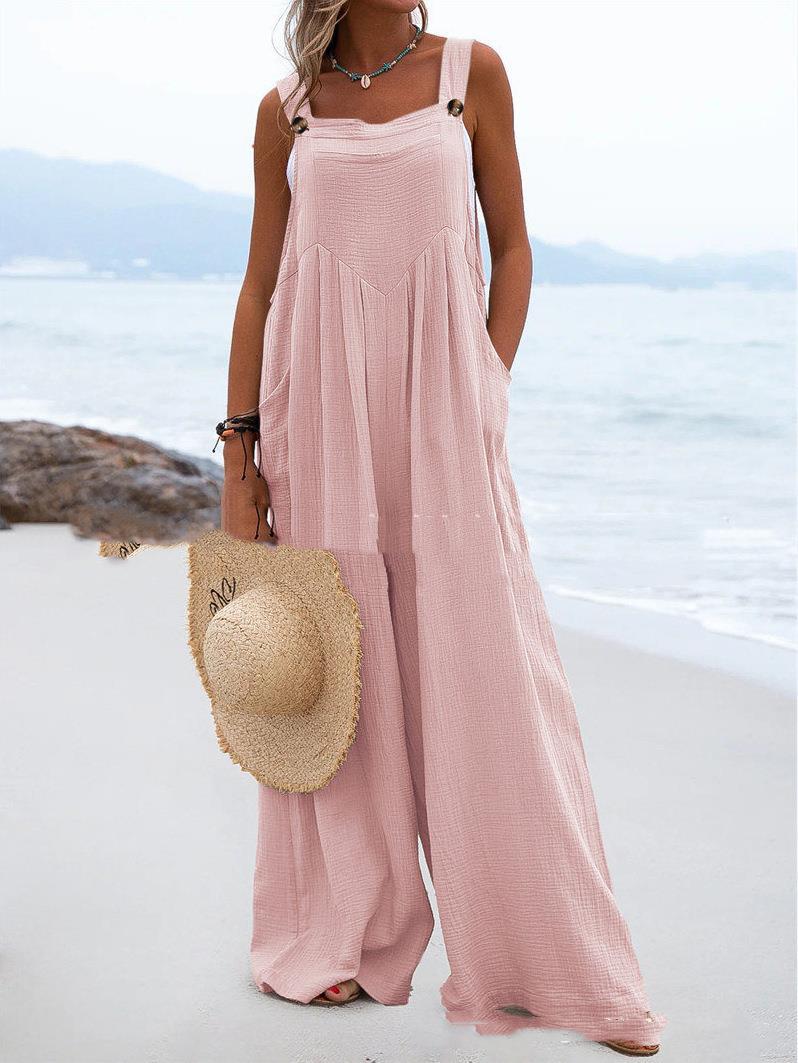 Sleeveless Wide-leg Buttoned Ethnic-style Jumpsuit by Ricaloux