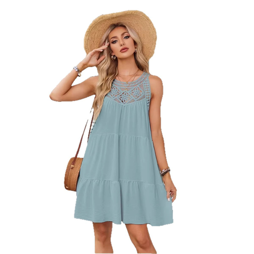Womens Hollowed-Out Lace-Trimmed Halterneck A-Line Dress – Premium 0 | RICALOUX