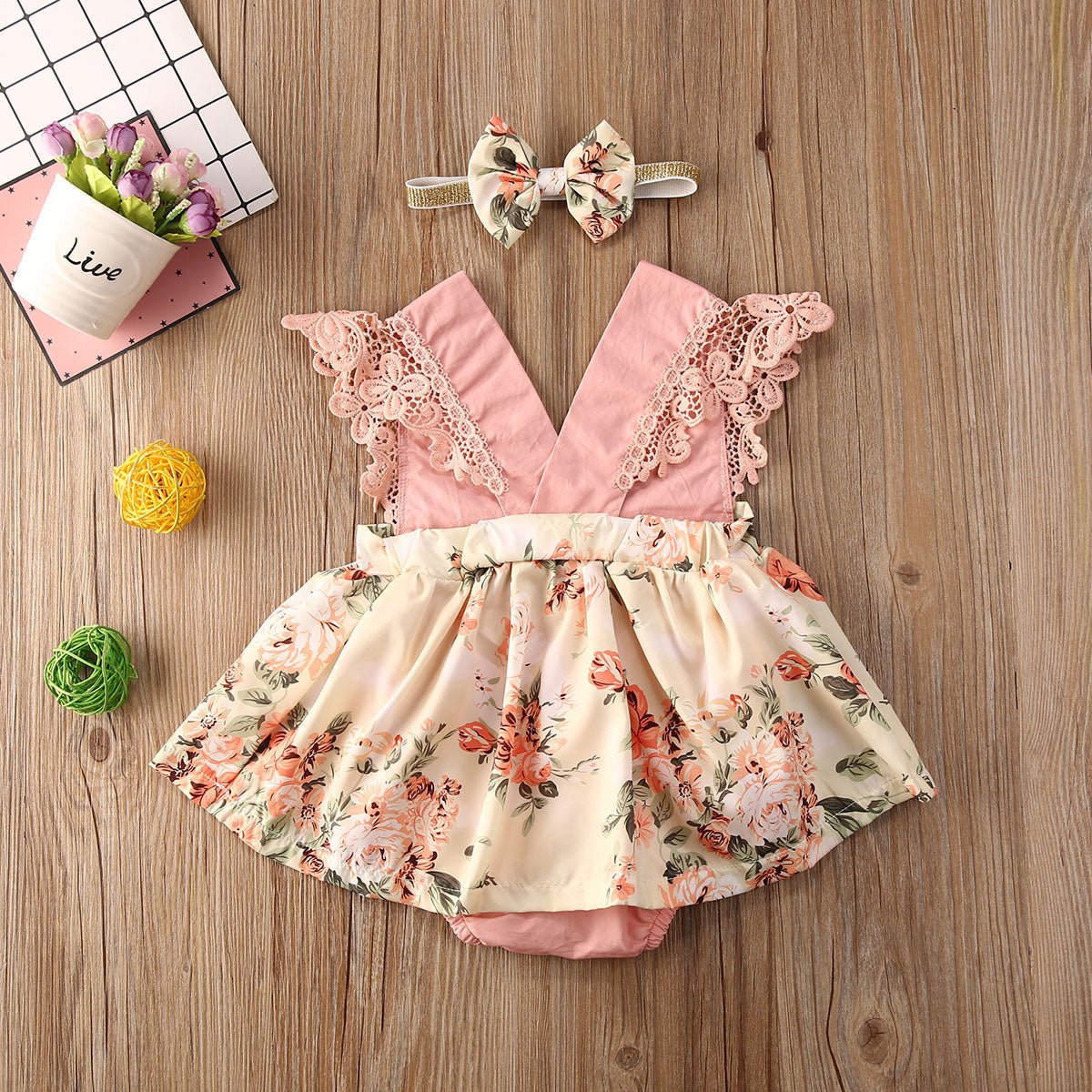 Girl Princess Clothes Baby Romper Girls Floral Lace V Neck Sleeveless Jumpsuit Newborn Headband Kid Outfits Summer Clothing - RICALOUX