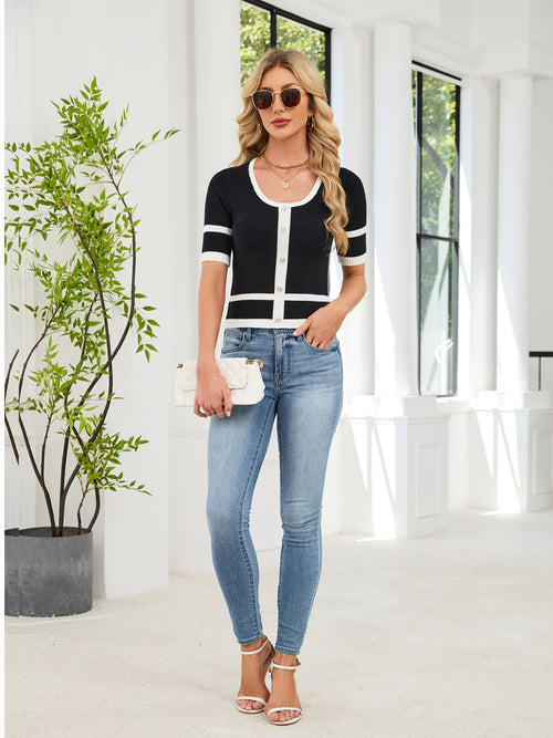2026 Spring Summer New Pullover Two-Tone Knit Top, Elegant Waist Slimming Workwear Versatile Tweed Style Knit Sweater For Women – Premium 4 | RICALOUX
