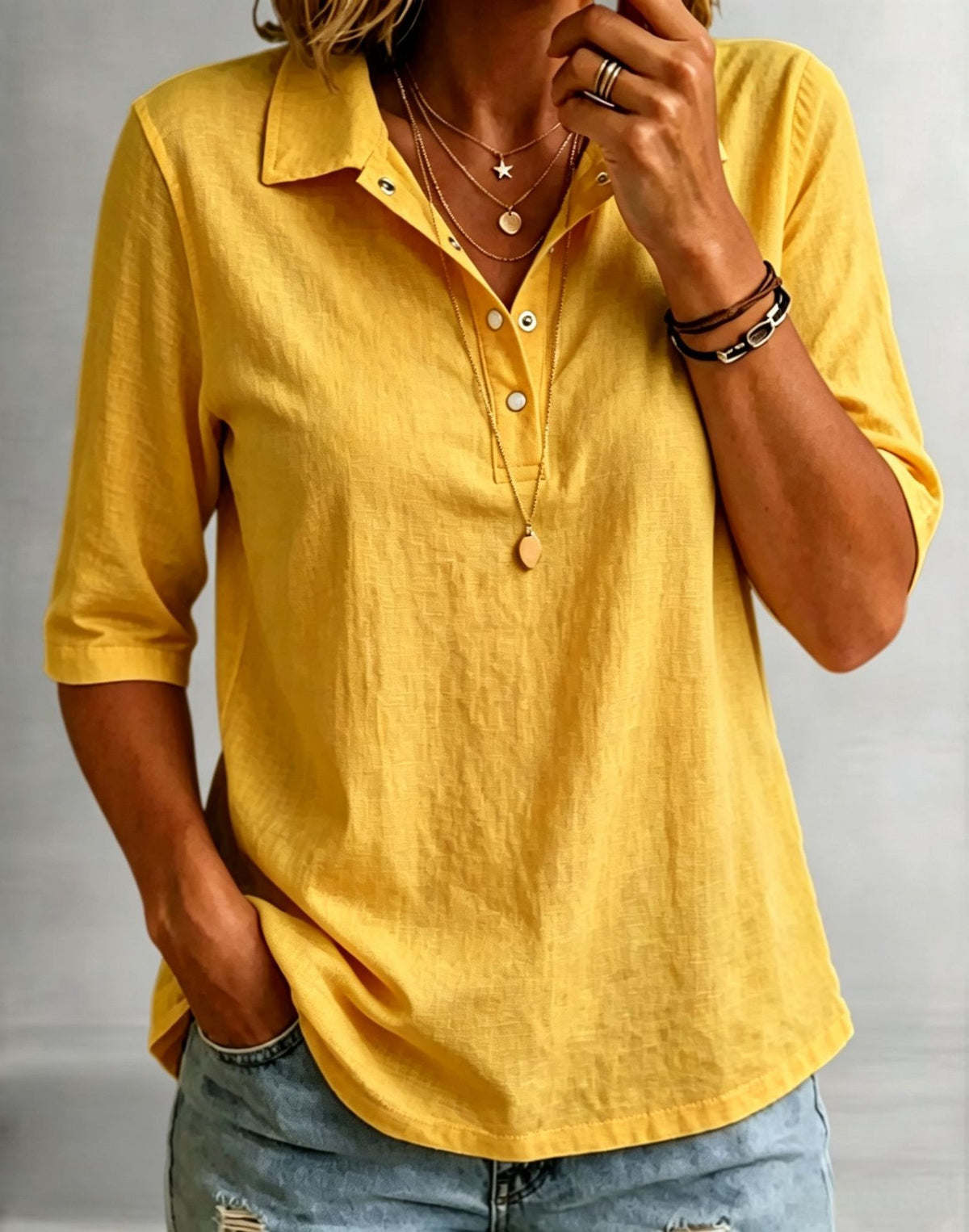 Loose-fitting Casual Mid-sleeve Lapel-collar Solid-color Shirt – Premium 0 | RICALOUX