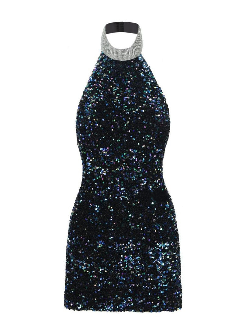 European And American Style Sexy Halter Neck Figure-hugging Colorful Sequined Mini Dress – Premium 0 | RICALOUX