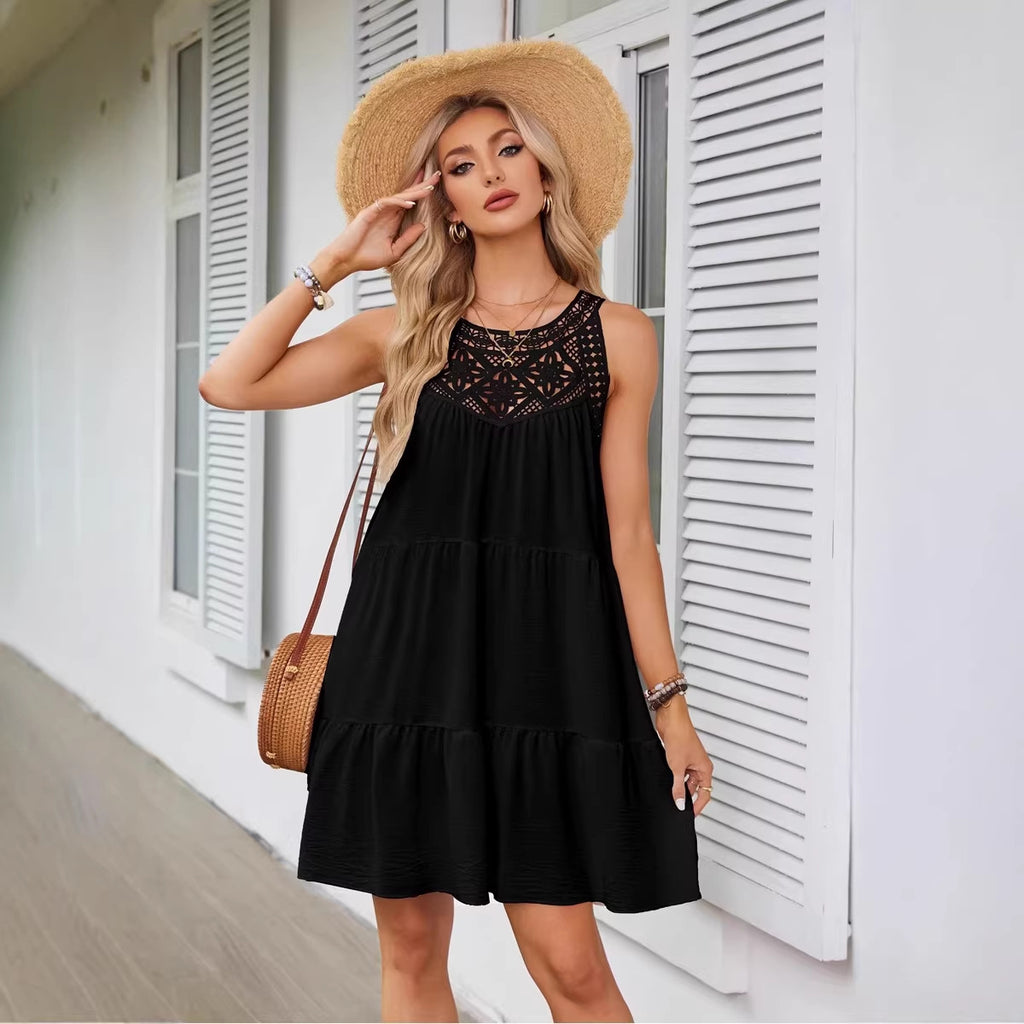 Womens Hollowed-Out Lace-Trimmed Halterneck A-Line Dress – Premium 0 | RICALOUX