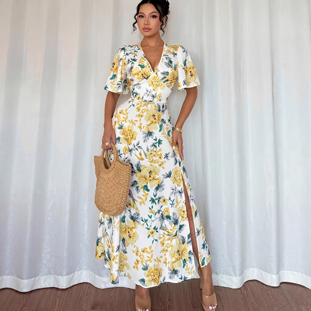 Waist-cinching Figure-flattering Short-sleeved Slit Dress – Premium 0 | RICALOUX