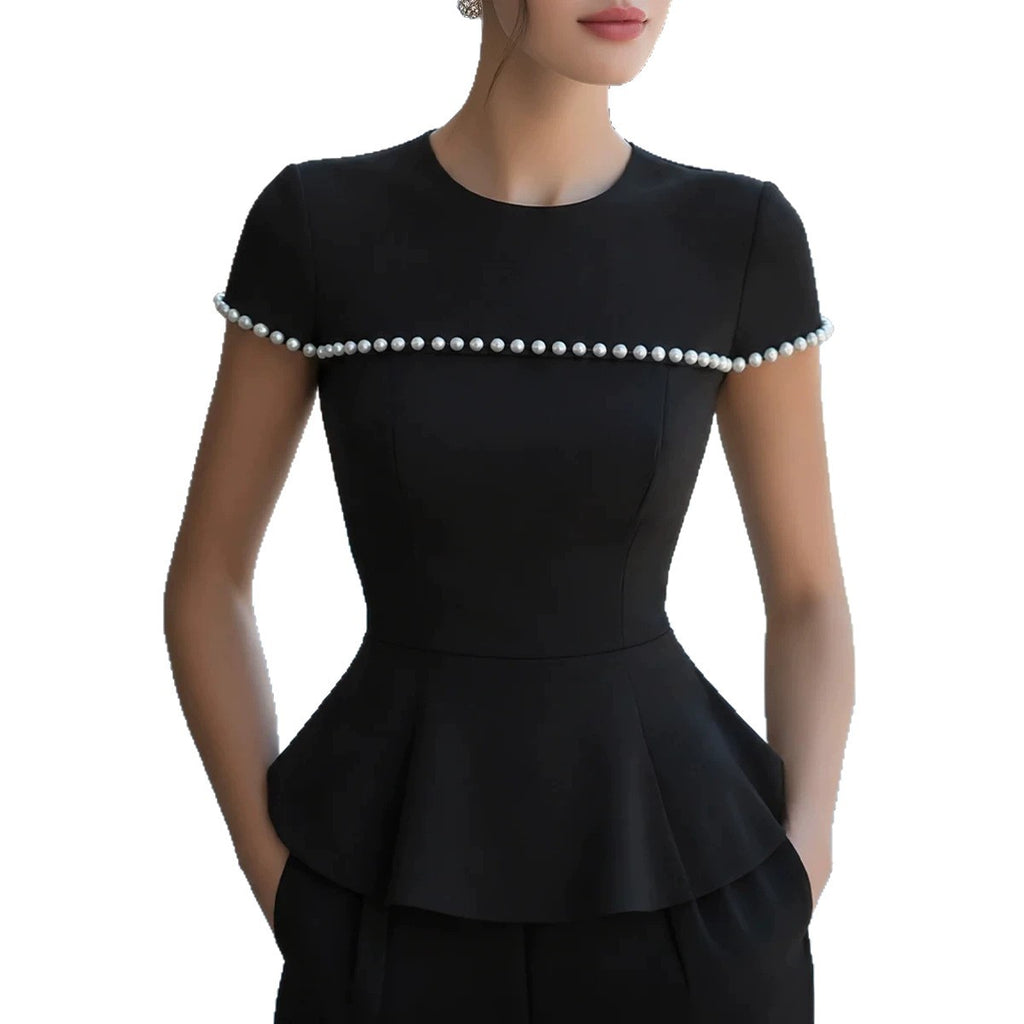 Summer Round-neck Beaded Short-sleeve Top by Ricaloux
