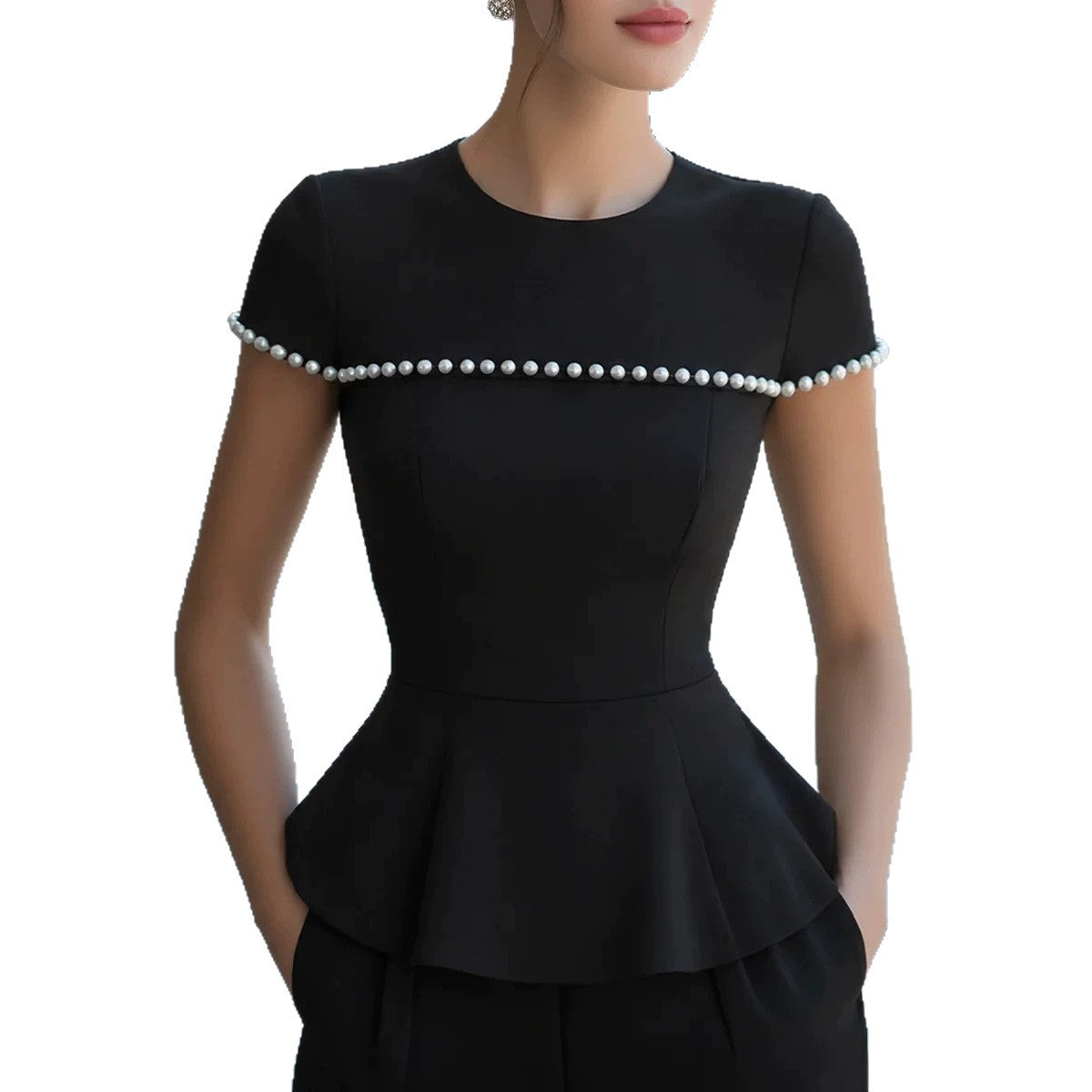 Summer Round-neck Beaded Short-sleeve Top by Ricaloux