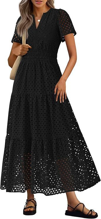 Womens Short-Sleeve V-Neck Hollow-Out Dress by Ricaloux