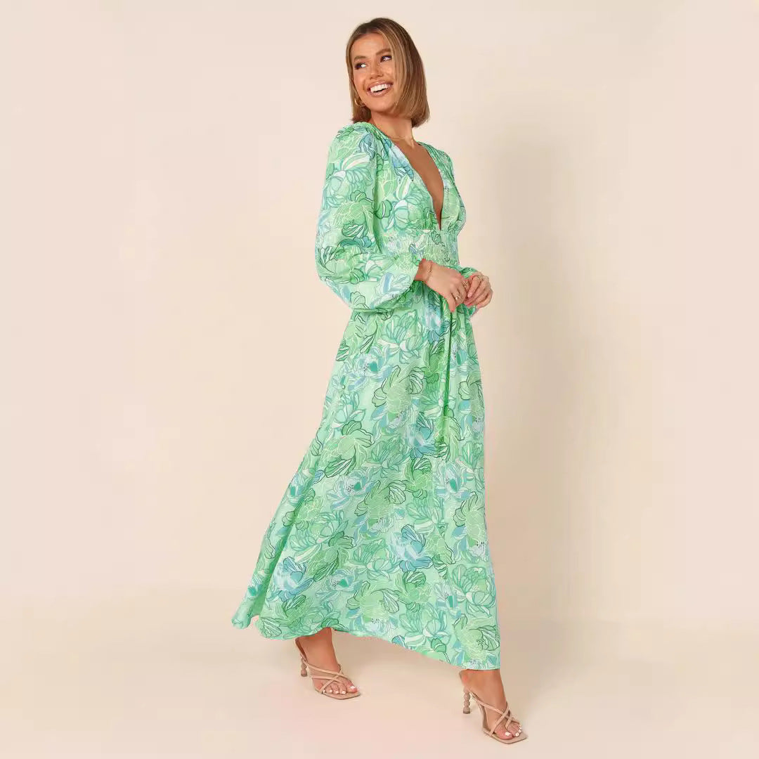 Printed Backless Deep-V Sexy Best-selling Long-sleeve Dress – Premium 0 | RICALOUX