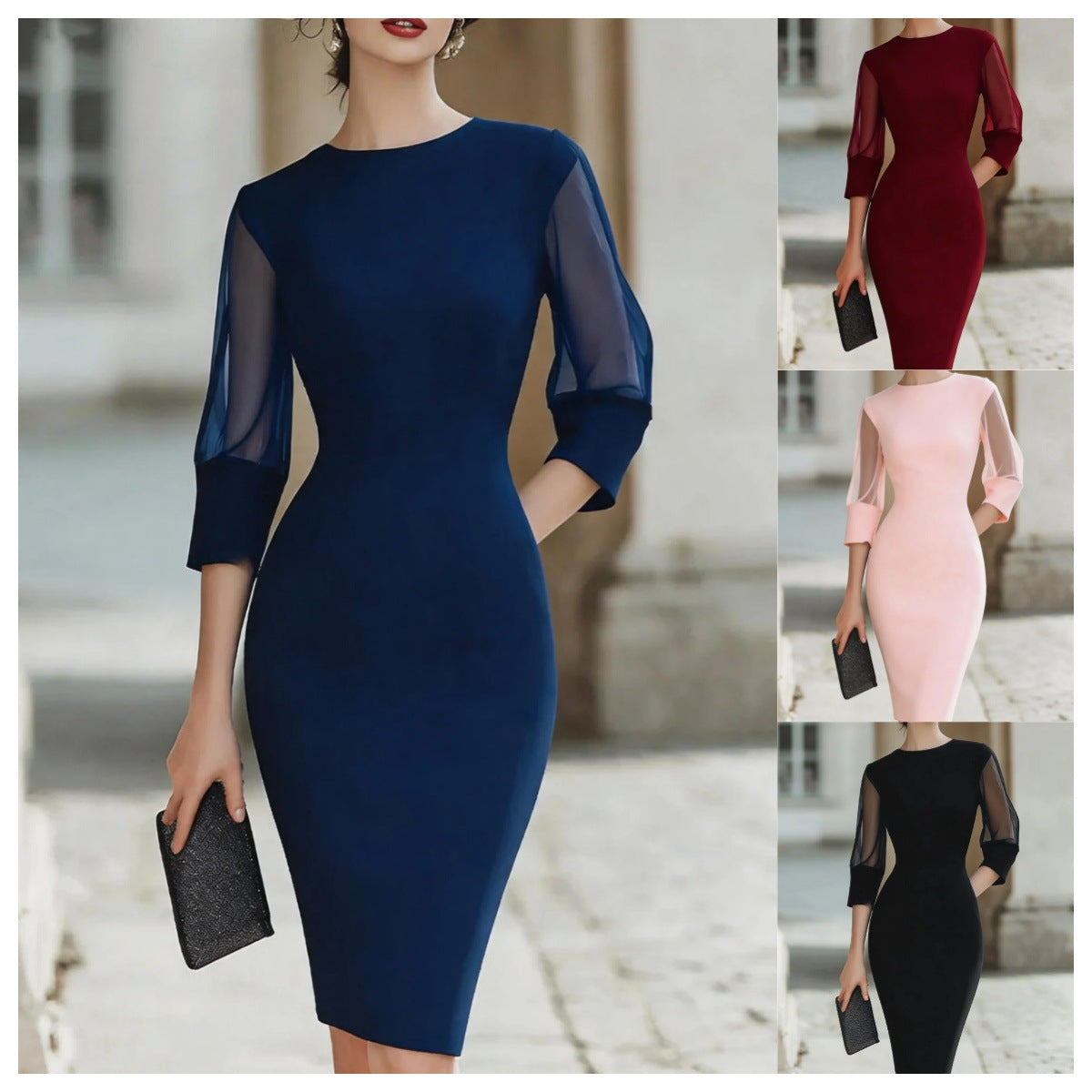 Womens Elegant Seven-Quarter-Sleeve Mesh-Panel Dress by Ricaloux