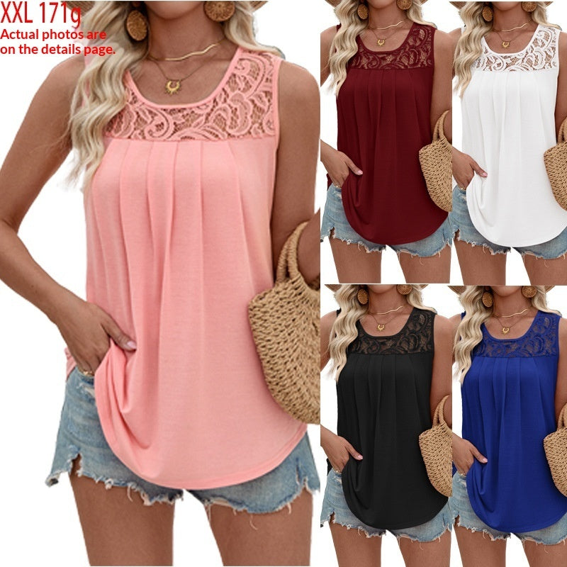 Sleeveless Lace Pleated Crew-Neck Casual Womens Top – Premium 0 | RICALOUX
