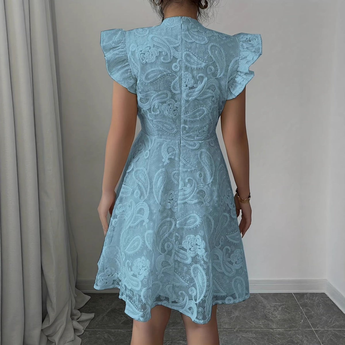 Lace Stand-collar Mini-sleeve Dress For Women by Ricaloux